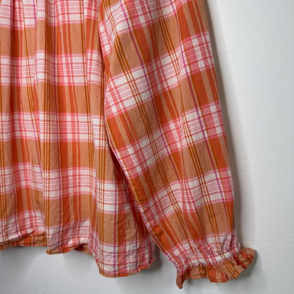 J.Crew Plaid Peasant Top 100% Cotton Ruffle Orange Pink Med Cottagecore Prairie - Picture 4 of 14